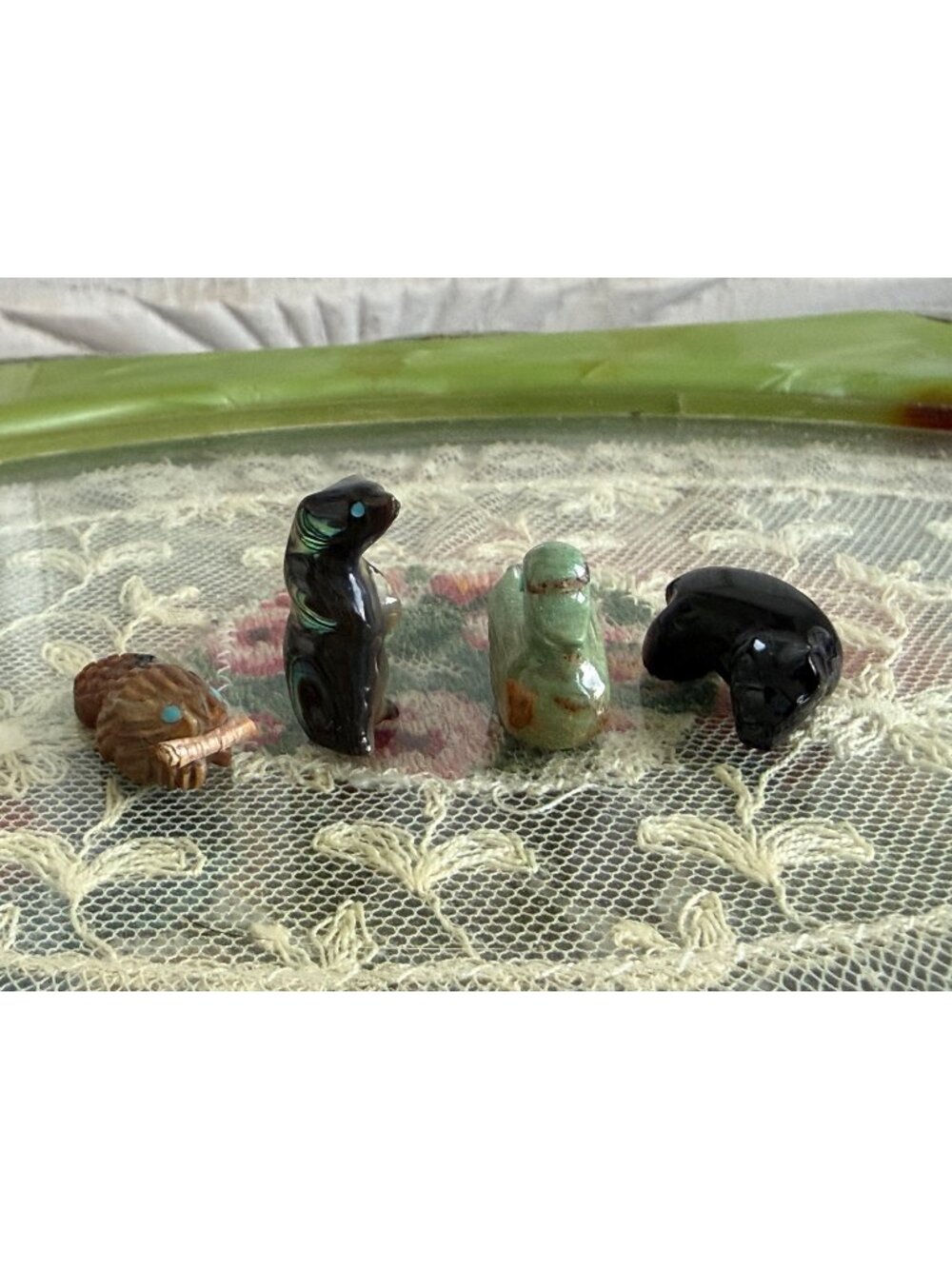 Vintage 60s Lot 4 Zuni Fetish Animals Duck,Beaver, Weasel, Bear/Jet Turquoise